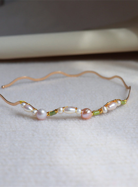 suu设计款 繁花似锦清新甜美风天然彩色淡水珍珠玉石手工珍珠发箍