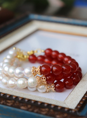 原创女士红玛瑙珍珠天然材质手链