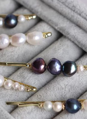 original 独家手作 复古宫廷天然珍珠黑珍珠发夹 一字边夹