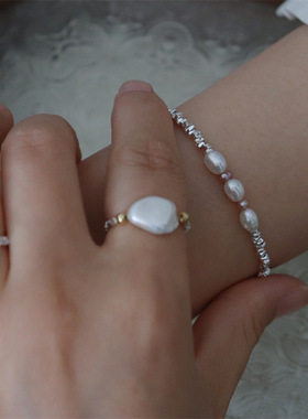 设计款 925镀银新中式花钿天然淡水珍珠碎银子轻奢小众撞色手链