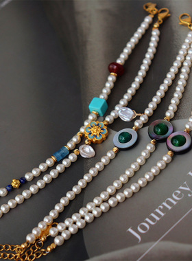 轻奢高级感新中式黑蝶贝玛瑙天然石海蓝宝复古手链女手串集市