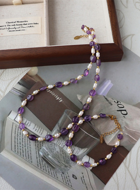 新品小众轻奢天然紫水晶淡水珍珠手链项链套装水晶手链女士原创女