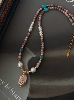 跨境时尚轻奢感百搭串珠天然石真珍珠项链高级感女小众夏日热卖