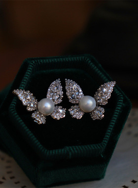 法式复古 微镶轻奢锆石珍珠蝴蝶耳钉气质百搭时尚925银针名媛耳环