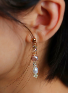 SUU 设计款【花神】法式优雅气质香槟水晶淡水珍珠水滴百搭耳环钉