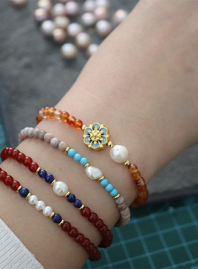 原创新款简约天然石玛瑙珍珠手串撞色敦煌风新中式海蓝宝水晶手链