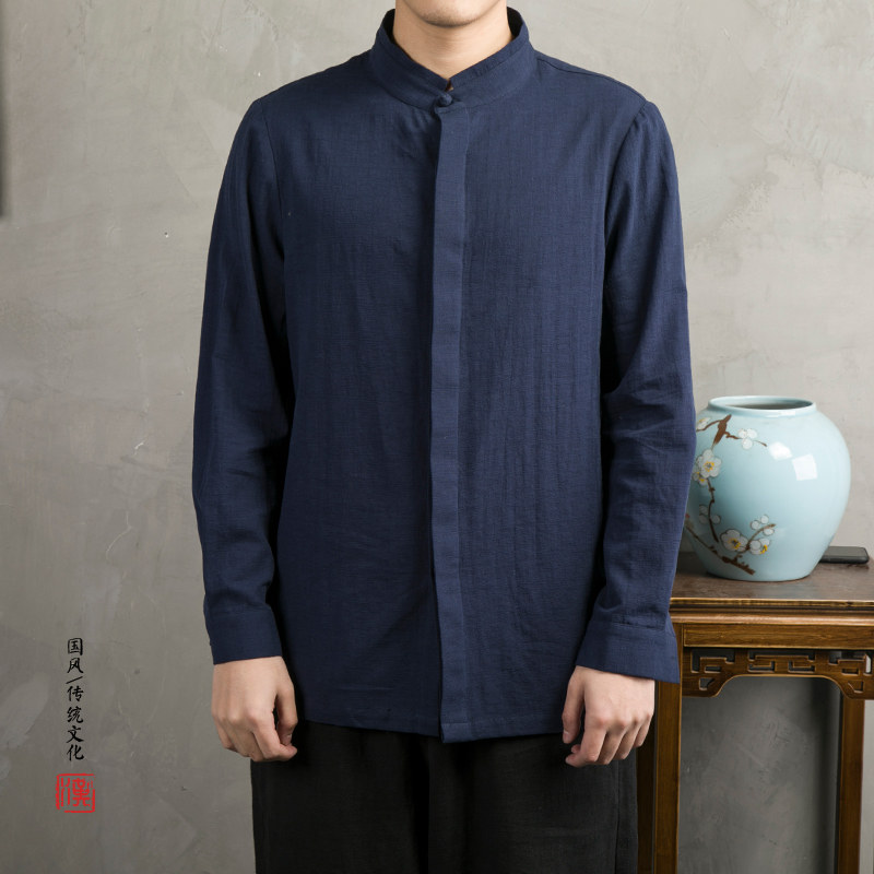 风棉麻提花立领男士长袖衬衣C246P70图片