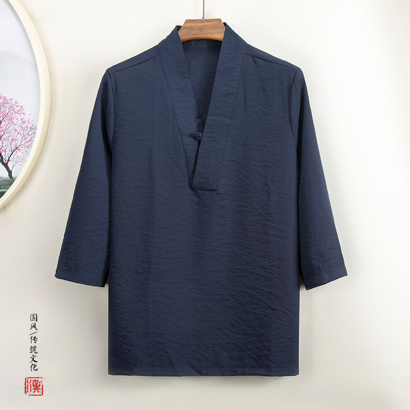 夏季新款风男士七分袖汉服领T恤T56P55,男装T恤,钱塘802
