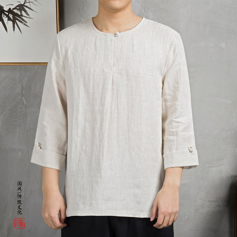 风男装亚麻男士七分袖中式T恤T213P60图片