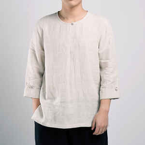 春夏新款风男装亚麻男士七分袖盘扣T恤T213P60，男装T恤，钱塘802
