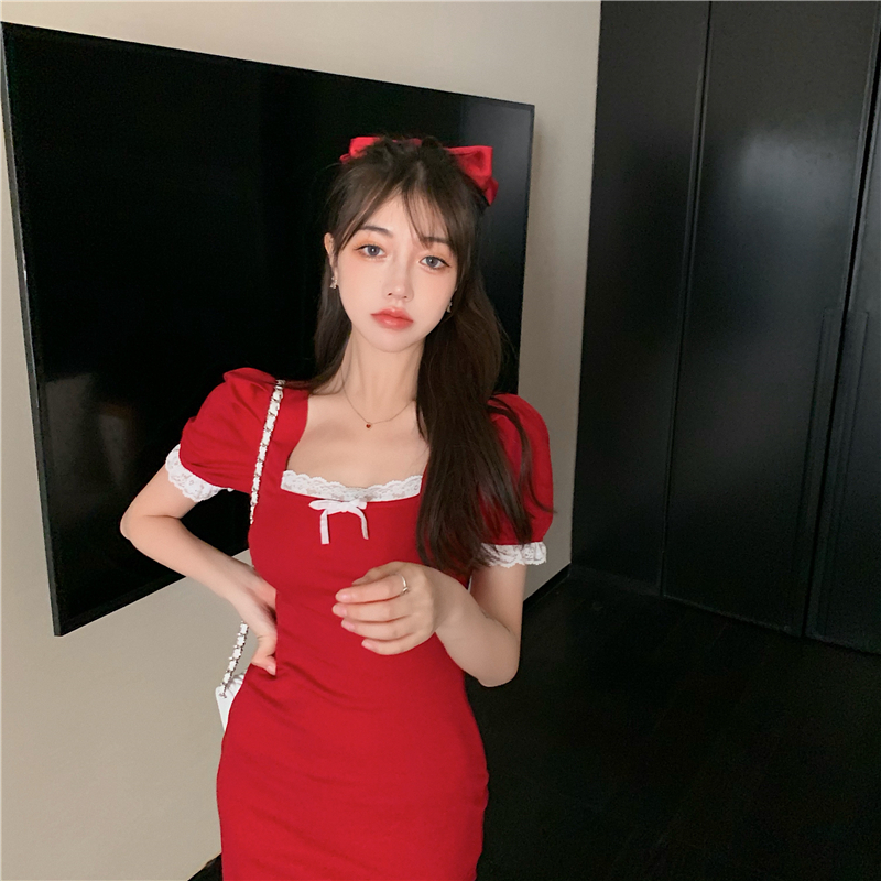 Real shot real price pure lace stitching split buttock dress