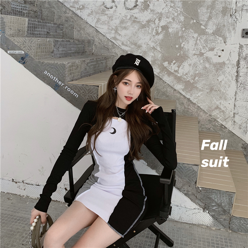 Real shot real price color matching slim fit bag buttock Sleeveless Dress + short long sleeve Pullover blouse for women