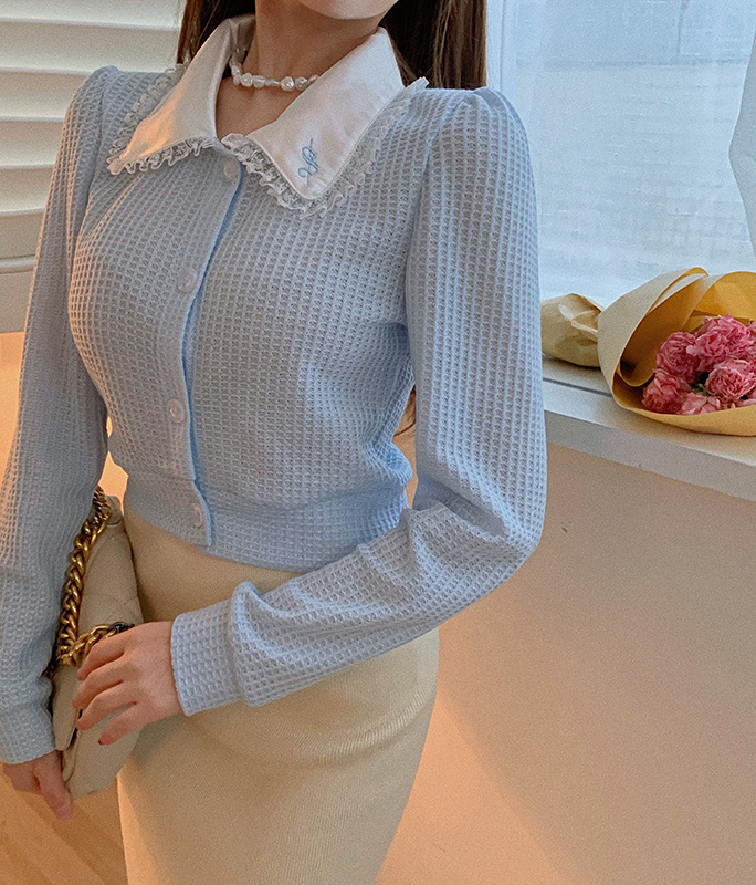 Real price waffle Gehan is a retro slim long sleeve gentle short shirt