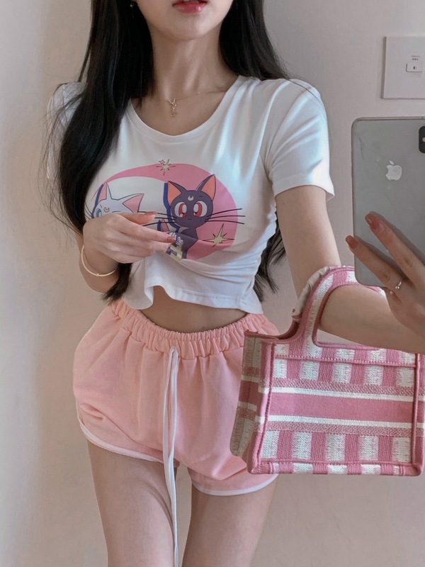 Real price printed short sleeve irregular T + drawstring shorts