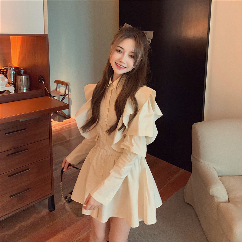 Real shot real price show thin waist pinching shirt collar Long Sleeve Dress