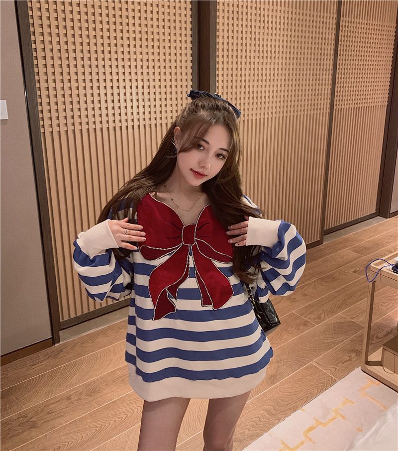 Real price butterfly ribbon drill stripe loose casual sweet sweater woman