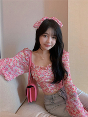 Real shot real price Floral White Lantern Sleeve fairy Chiffon Top girl