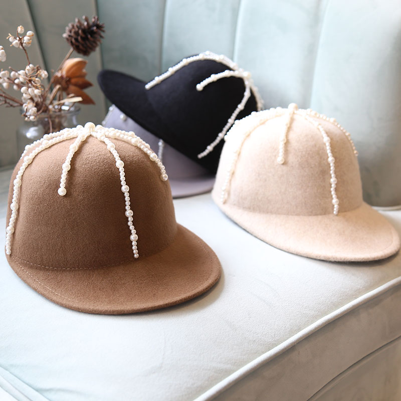 秋冬欧洲小香风珍珠装饰羊毛呢骑士帽复古鸭舌帽优雅赫本马术帽毡