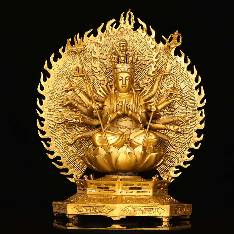 纯黄铜千手观音摆件家用客厅供奉大慈大悲千眼千臂观世音菩萨神像