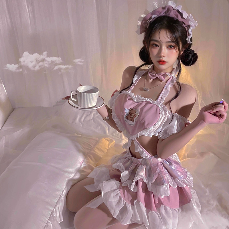 性感甜美爱心女仆挂脖趣味睡裙小女佣纯欲风围裙套装睡衣女春秋