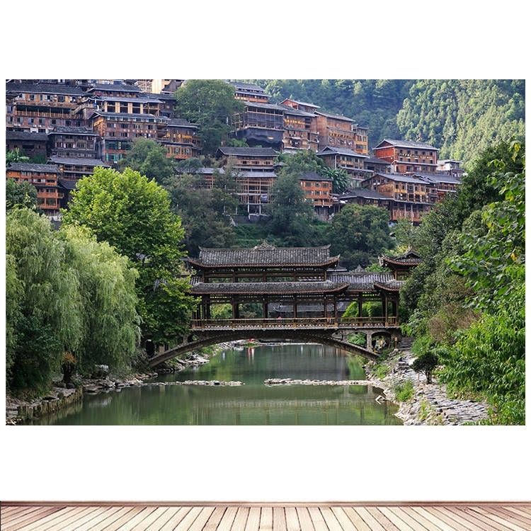 简约现代装饰画贵州西江苗寨建筑风景画海报定制房间餐厅墙贴画53图片
