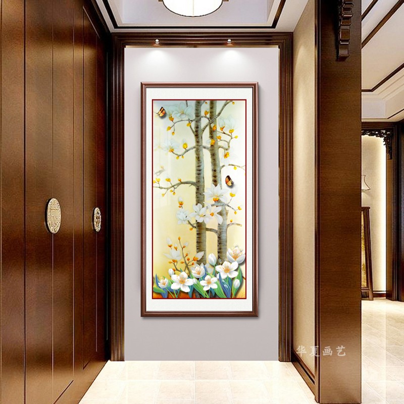 花鸟玄关装饰画新中式现代简约壁画荷花九鱼客厅过道走廊墙面壁画图片