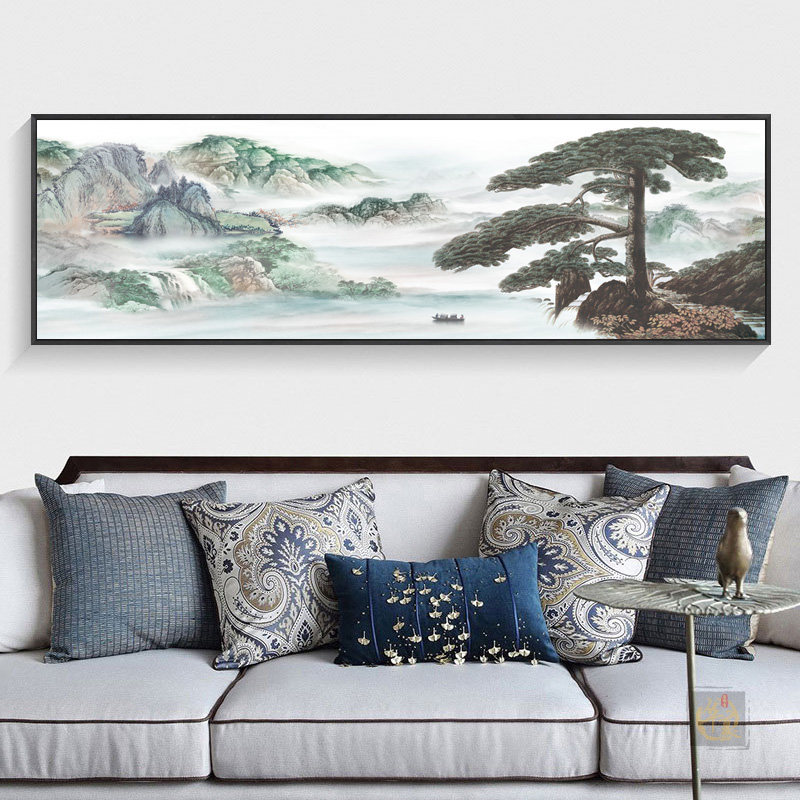 客厅迎客松装饰画现代简约沙发背景墙挂画卧室床头壁画横版画
