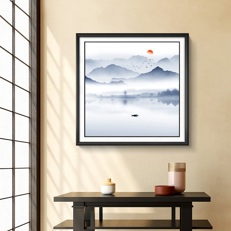 黑白山水风景挂画新中式镇宅装饰画现代客厅餐厅玄关走廊过道壁画