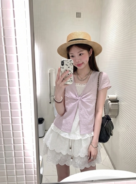 韩系甜美扭结V领假两件上衣夏季薄款泡泡袖温柔风少女短袖小衫