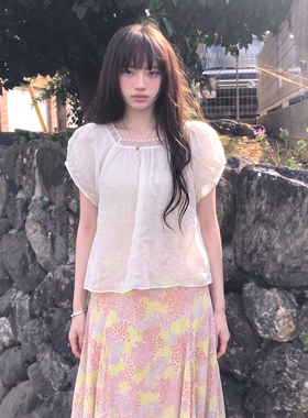 韩系甜美方领百搭通勤上衣女夏季薄款泡泡袖宽松显瘦透气雪纺小衫