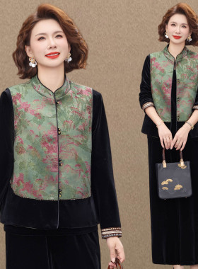 洋气妈妈金丝绒马甲套装女2026新款中老年春秋款新中式国风三件套