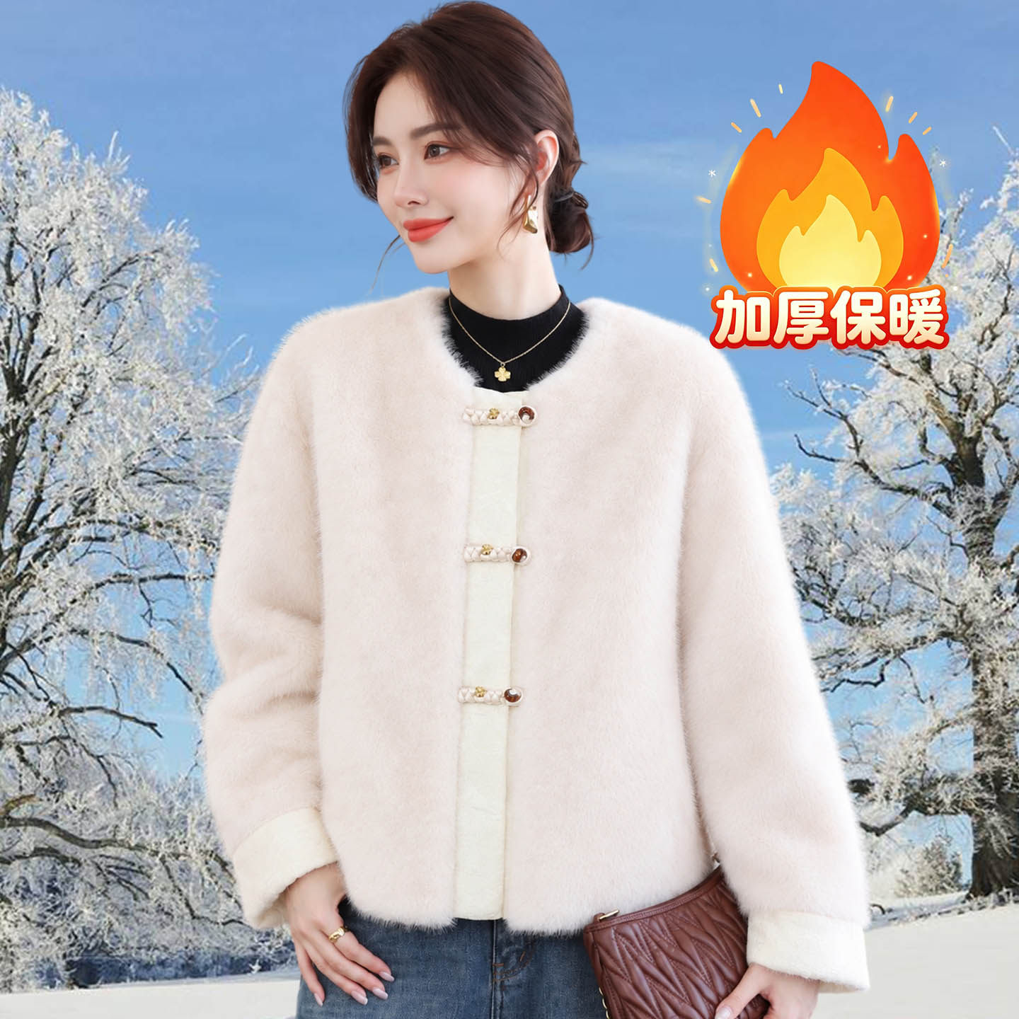新中式水貂绒外套女2026新款短款洋气加厚妈妈装秋冬款仿皮草大衣