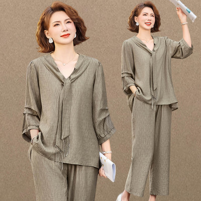 时尚妈妈装夏季七分袖套装2026新款中老年洋气T恤上衣两件套女装