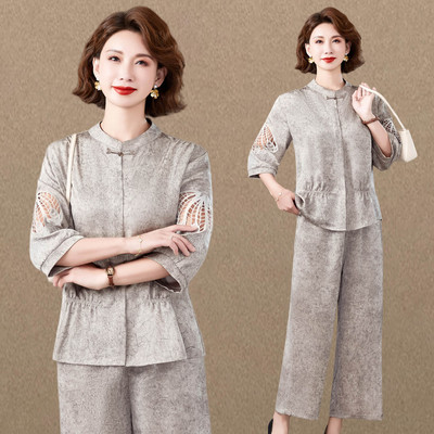 妈妈夏季中袖套装女2026新款中老年人洋气遮肚小衫气质时尚两件套