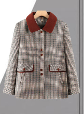 妈妈秋装翻领格子外套2025新款中老年人女装春秋洋气休闲夹克上衣