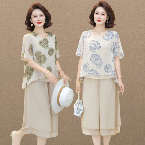妈妈夏装时尚套装2025新款雪纺小衫中老年人夏季短袖上衣两件套女