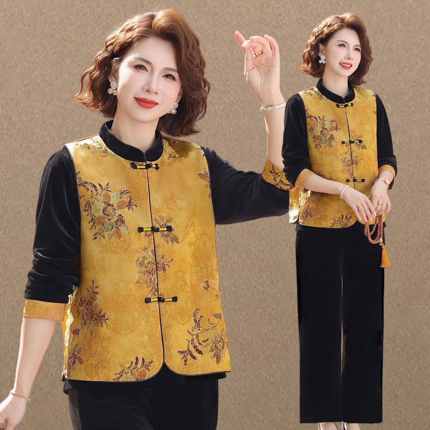 妈妈春秋装金丝绒三件套装女2026新款中老年人气质国风马甲两件套