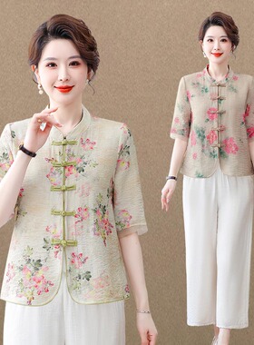 妈妈夏装新中式棉麻衬衫2025新款中老年人国风短袖上衣两件套装女