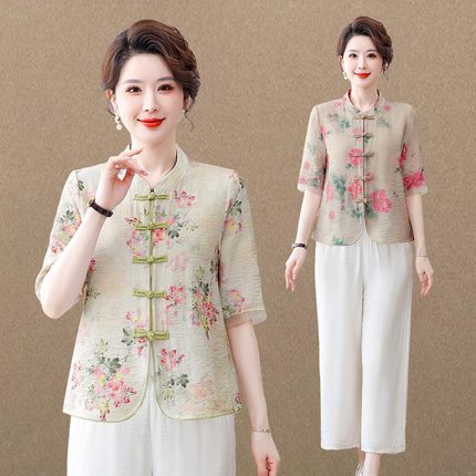 妈妈夏装新中式棉麻衬衫2025新款中老年人国风短袖上衣两件套装女