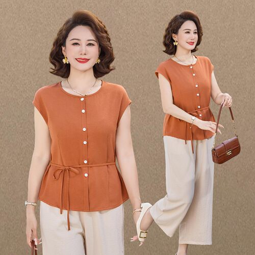 妈妈夏季洋气圆领衬衫套装2026新款短袖小衫上衣中老年女士两件套
