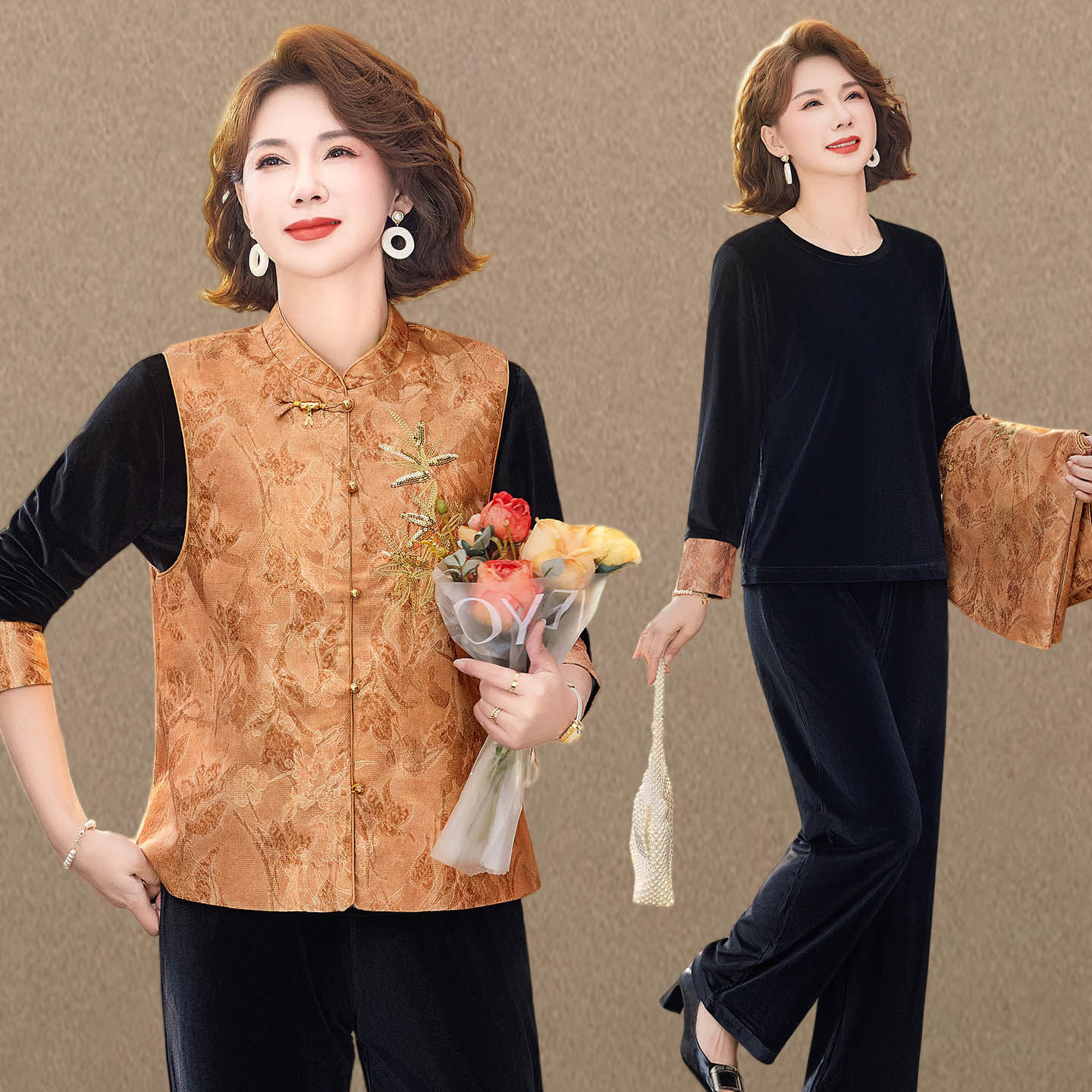 新中式风妈妈春装马甲三件套2026新款中老年春秋款气质显瘦套装女