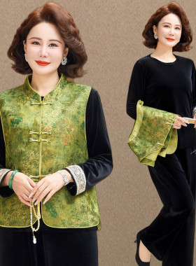 妈妈春装金丝绒套装2026新款国风坎肩马甲上衣中老年春秋款三件套
