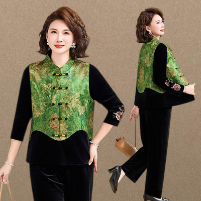 新中式风妈妈春装立领盘扣马甲三件套中老年女装洋气高贵气质套装