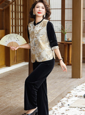 新中式妈妈春装国风金丝绒马甲套装新款上衣中老年女装洋气三件套