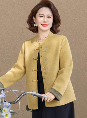 新中式盘扣春秋款毛呢外套女中老年妈妈装洋气显瘦气质双面呢上衣