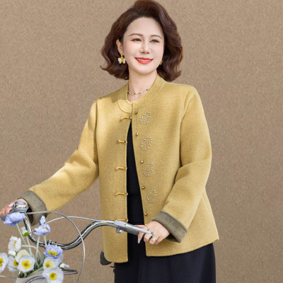 新中式盘扣春秋款毛呢外套女中老年妈妈装洋气显瘦气质双面呢上衣