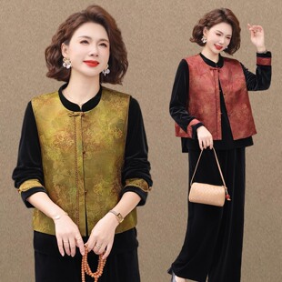 妈妈春秋款中式套装洋气国风马甲新款中老年女装时尚金丝绒三件套