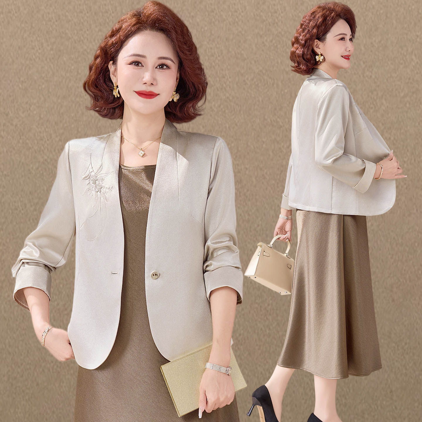 妈妈春装时尚套装洋气小西装中老年春秋背心裙子两件套女2026新款