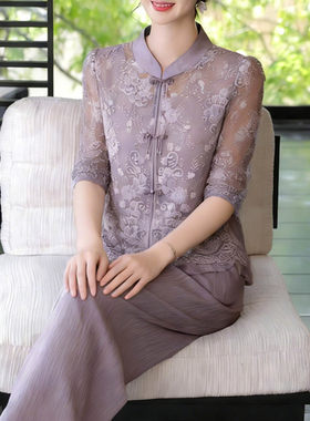 新款妈妈夏装T恤上衣套装洋气中老年遮肚雪纺小衫女两件套50多岁