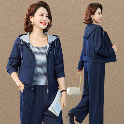 年轻妈妈秋装时尚运动套装女2025新款中老年春秋季气质减龄三件套